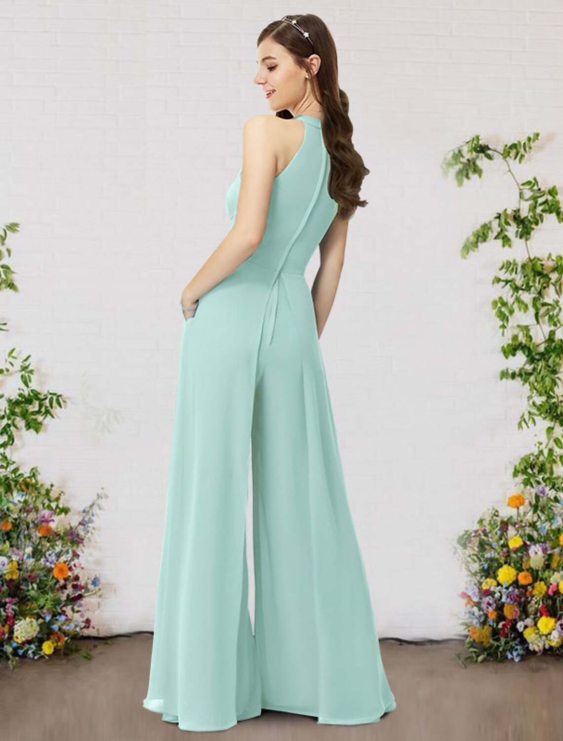 Jumpsuits Bridesmaid Dress High Neck Sleeveless Elegant Floor Length Chiffon with Ruching