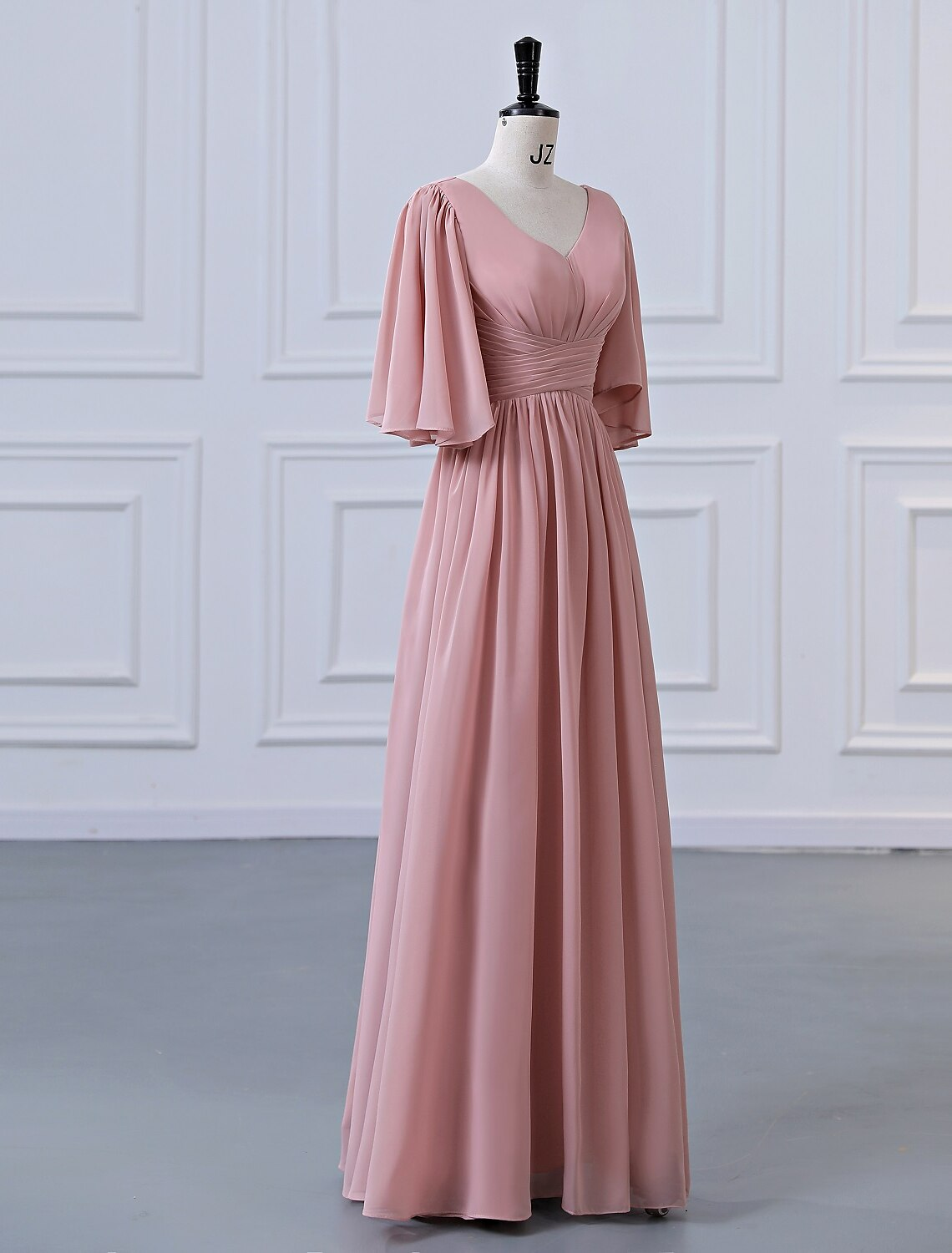 A-Line Bridesmaid Dress V Neck Half Sleeve Elegant Floor Length Chiffon with Pleats / RufflesA-Line Bridesmaid Dress V Neck Half Sleeve Elegant Floor Length Chiffon with Pleats / Ruffles