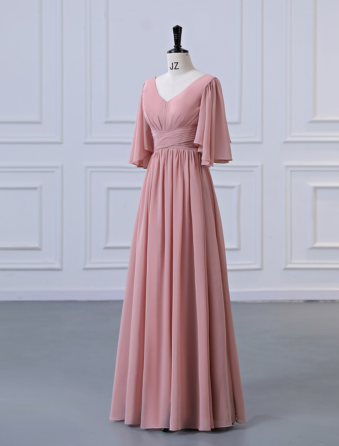 A-Line Bridesmaid Dress V Neck Half Sleeve Elegant Floor Length Chiffon with Pleats / RufflesA-Line Bridesmaid Dress V Neck Half Sleeve Elegant Floor Length Chiffon with Pleats / Ruffles