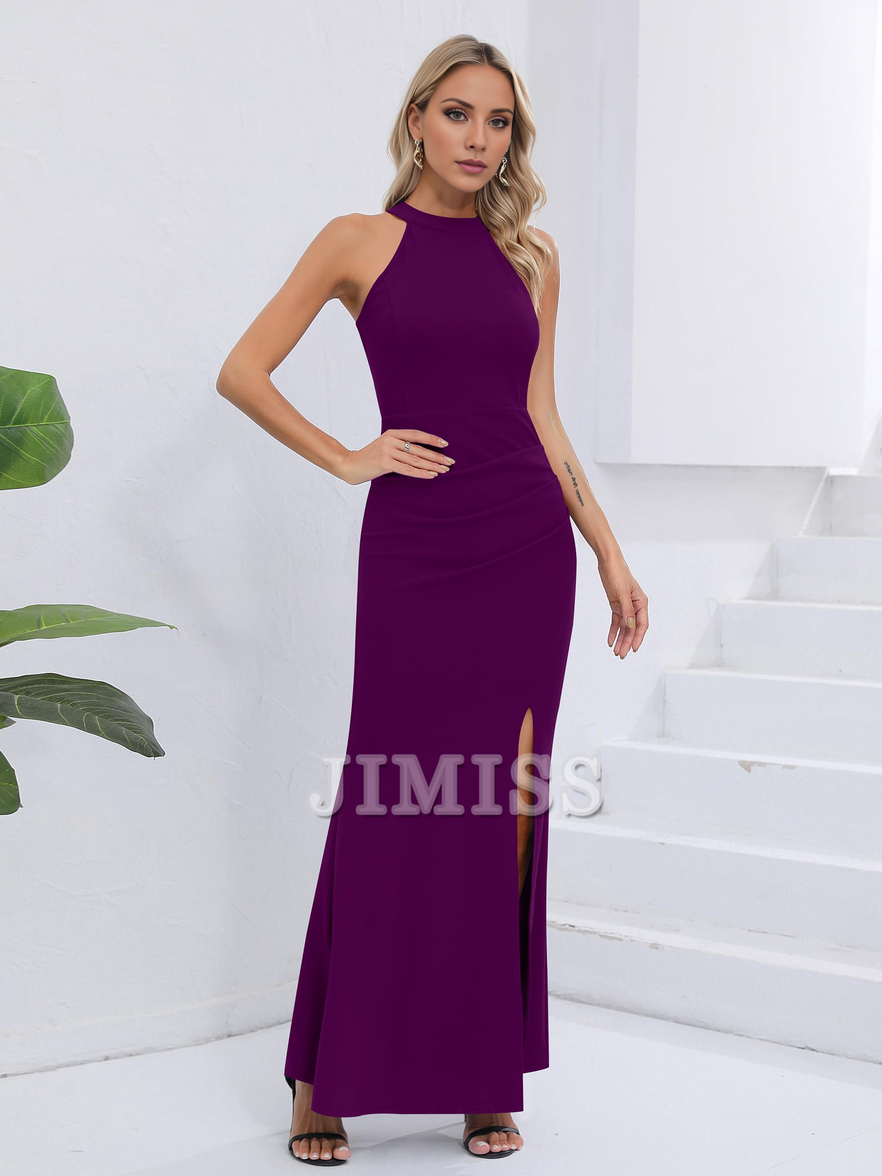 Long party dress with neck hanging sleeveless slit elegant slim fit evening gown