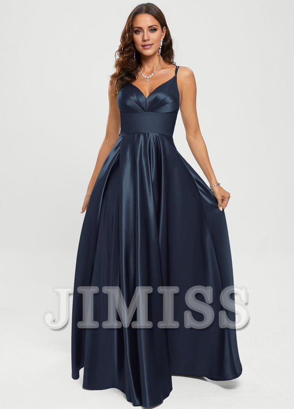 A-line V-neck floor-length satin prom dress