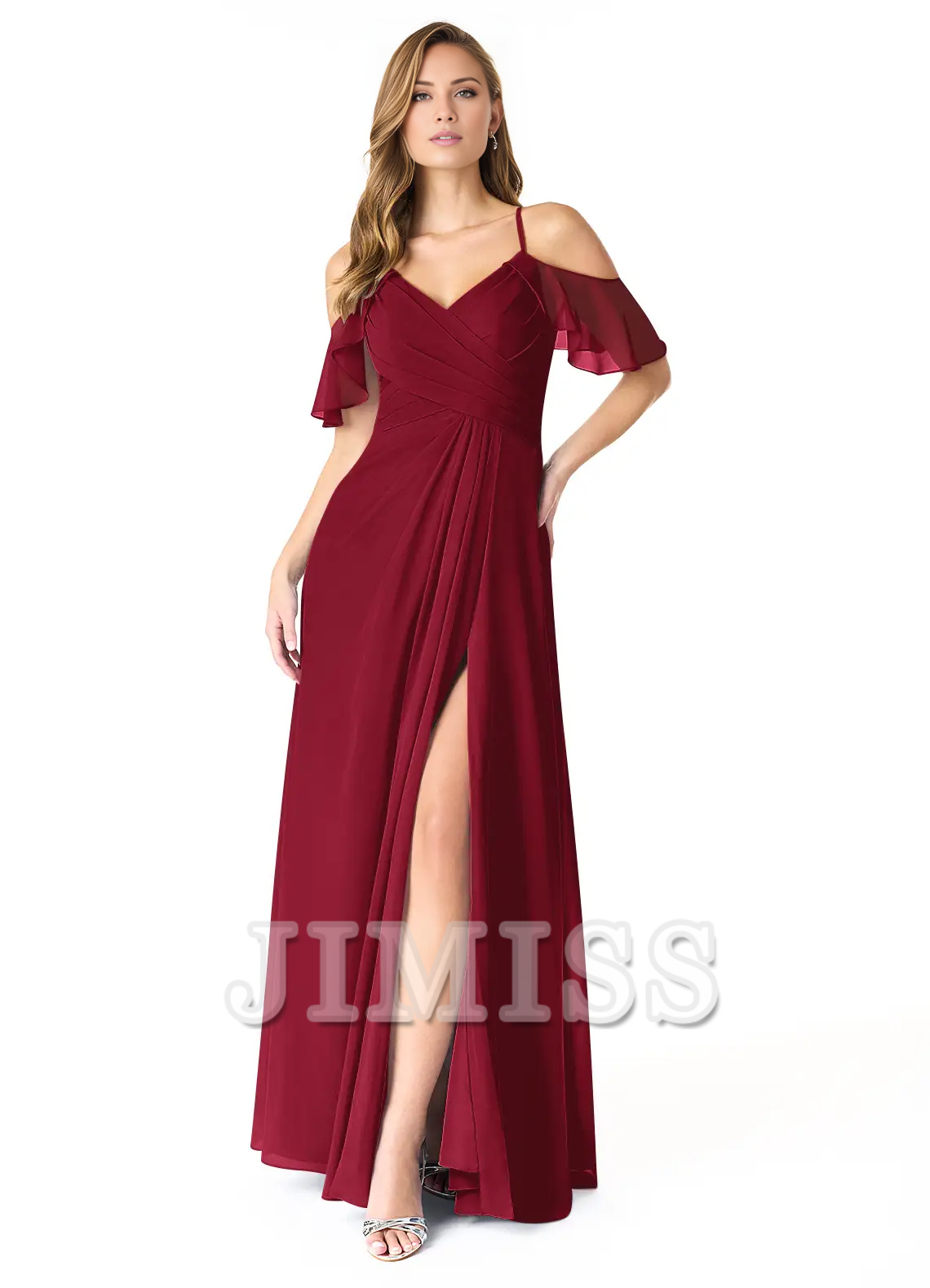 A-line V-neck pleated chiffon side slit and floor length bridesmaid dress - Jimiss Dress