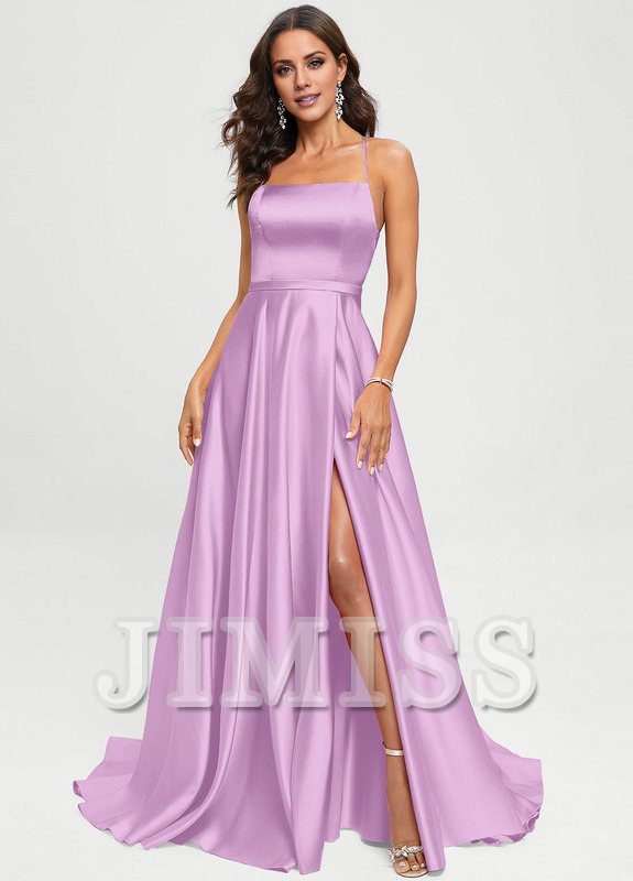 A-shaped square sweeping trailing satin Prom dress