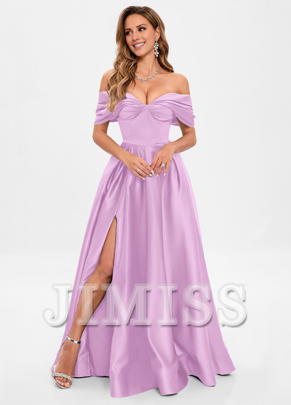 A-line pleated off-the-shoulder floor-length satin prom dress