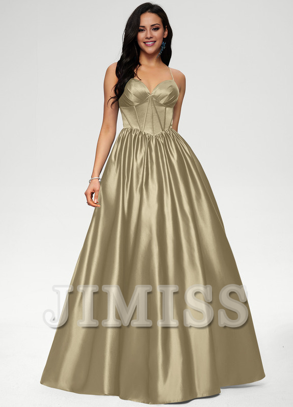 Ball-Gown/Princess V-neck pleated floor-length satin prom dress
