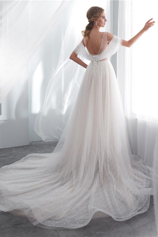 Princess Long Lace-Up A-line Ivory Wedding Dress with Appliques