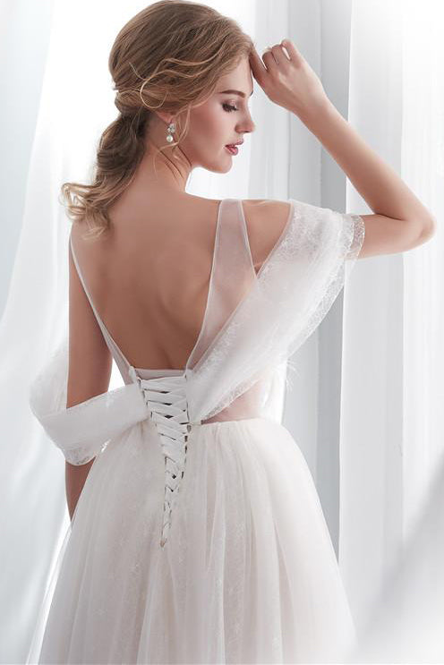 Princess Long Lace-Up A-line Ivory Wedding Dress with Appliques