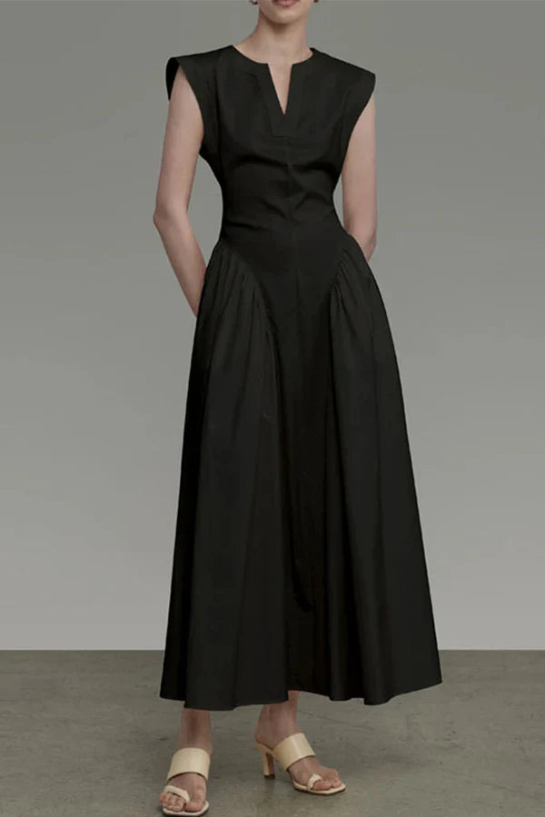 Elegant solid color pocket folding O-neck sleeveless evening dress