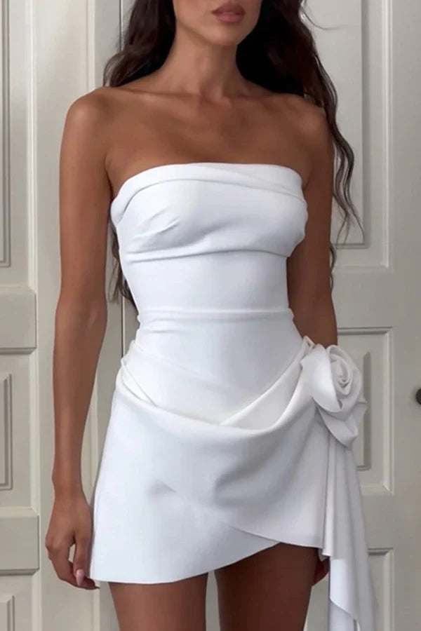 solid color pleated flower  strapless evening dress