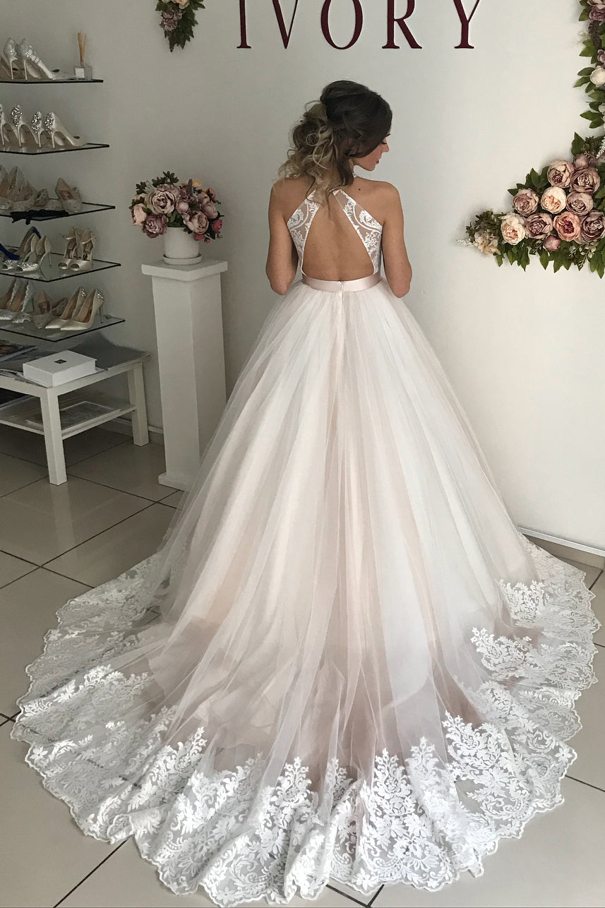 Princess Plunging Neck A-line Long Ivory Wedding Dress with Lace