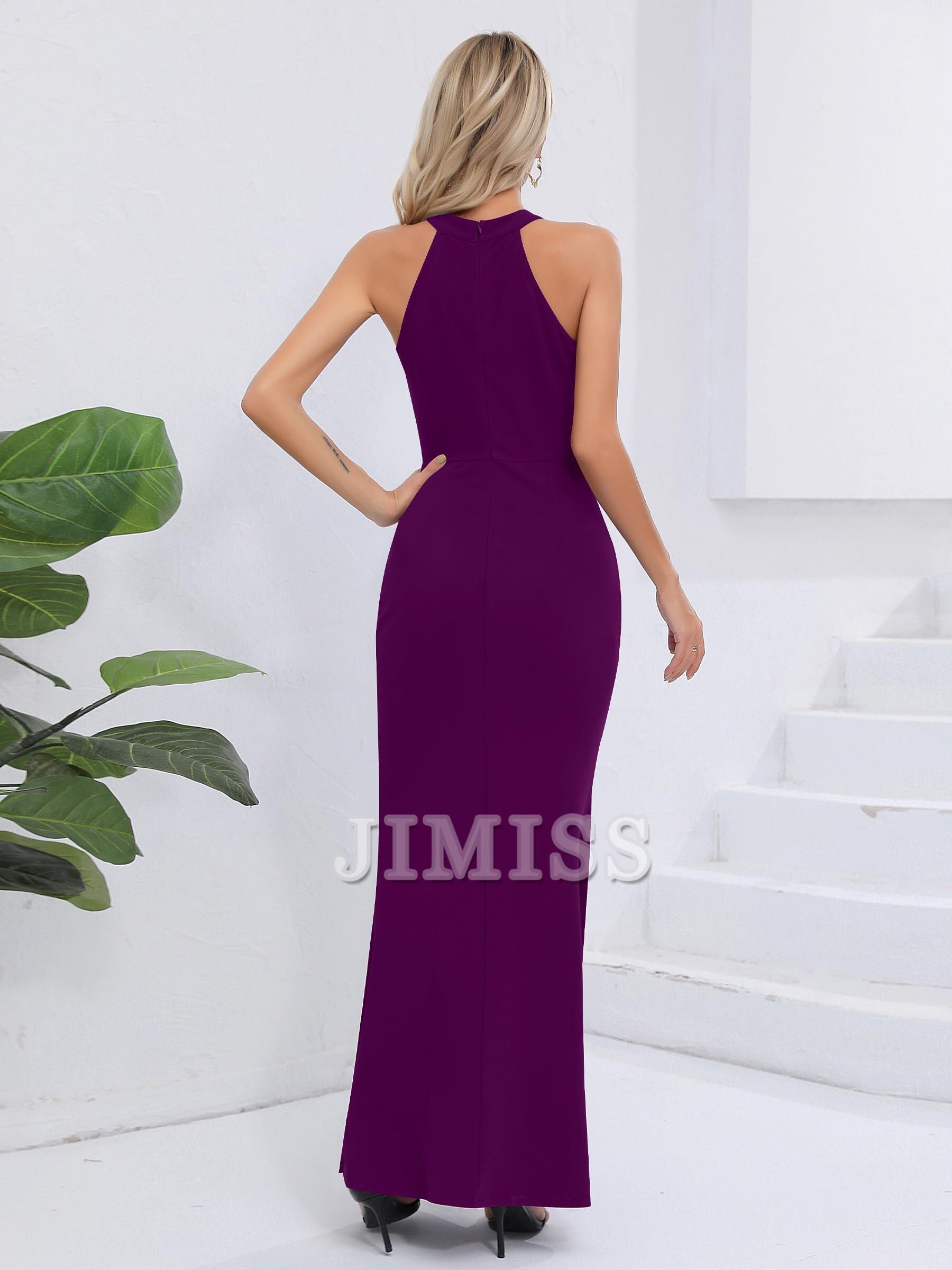 Long party dress with neck hanging sleeveless slit elegant slim fit evening gown
