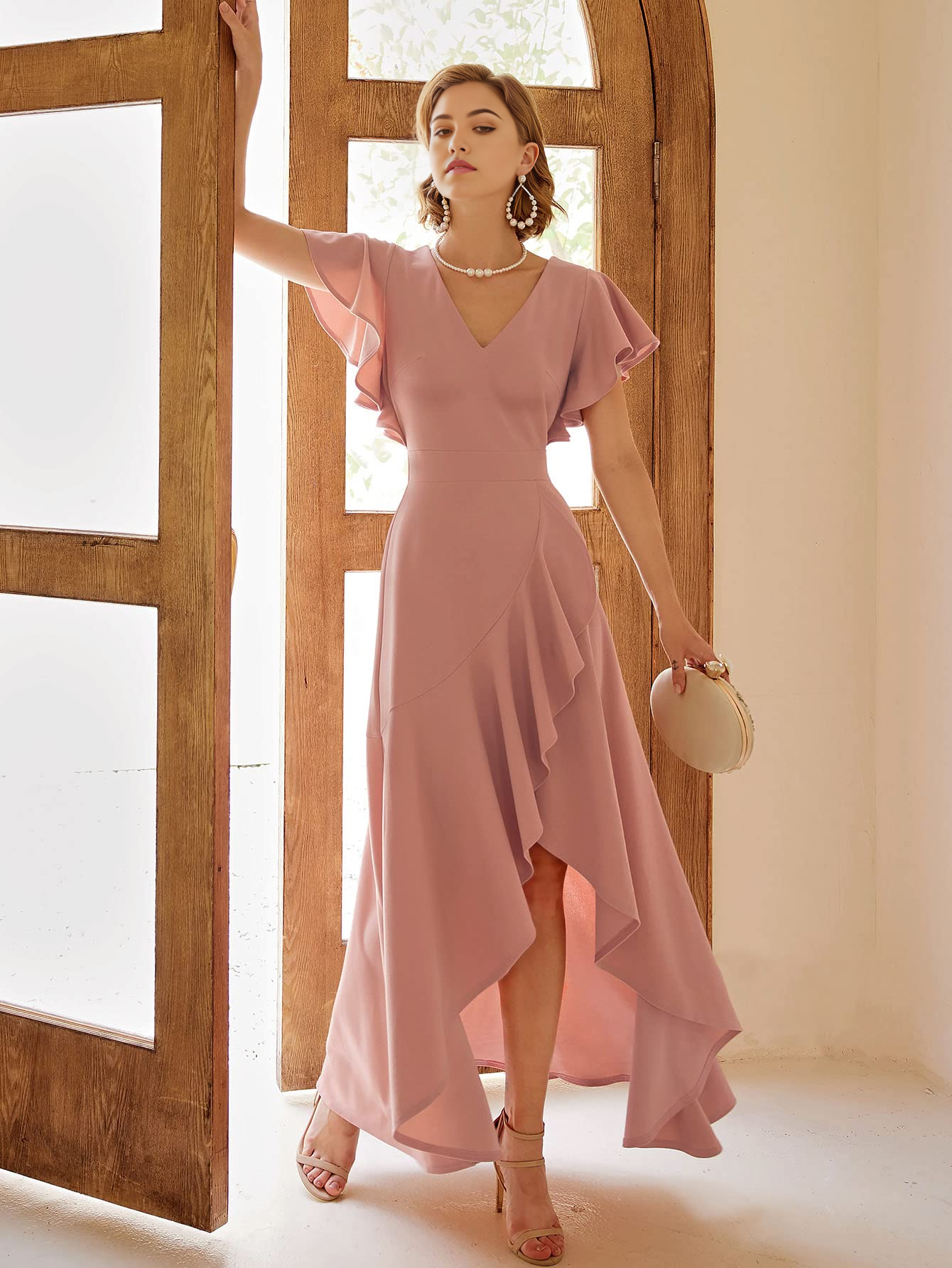 A-line V Neck Ruffle Split formal dresses Bridesmaid Dresses evening gown Prom Dress