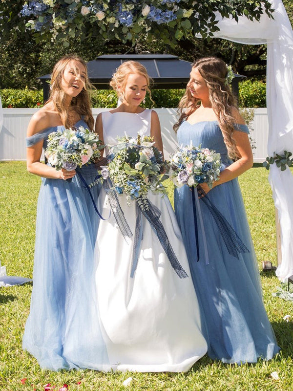 Simple Off-shoulder A-line Tulle Long Bridesmaid Dresses.DB10774