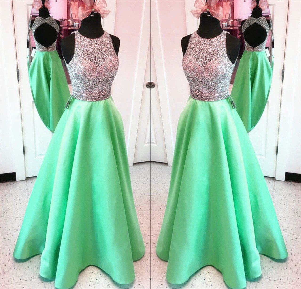 Unique Keyhole Back Long Satin Prom Dresses Ball Gowns Sequins And Beaded