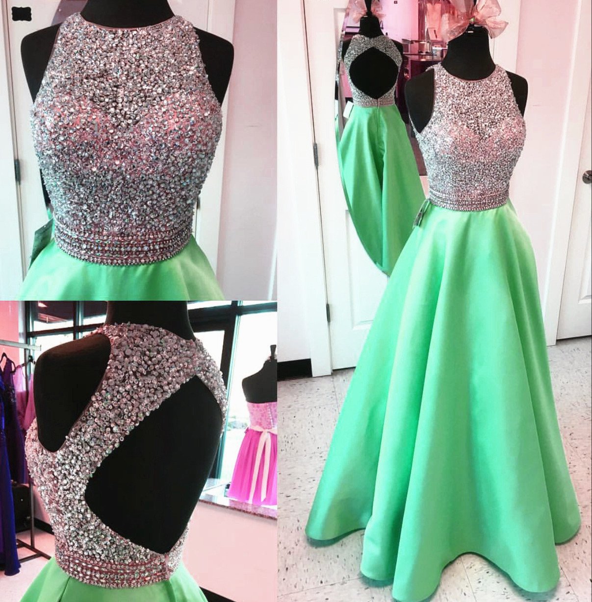 Unique Keyhole Back Long Satin Prom Dresses Ball Gowns Sequins And Beaded