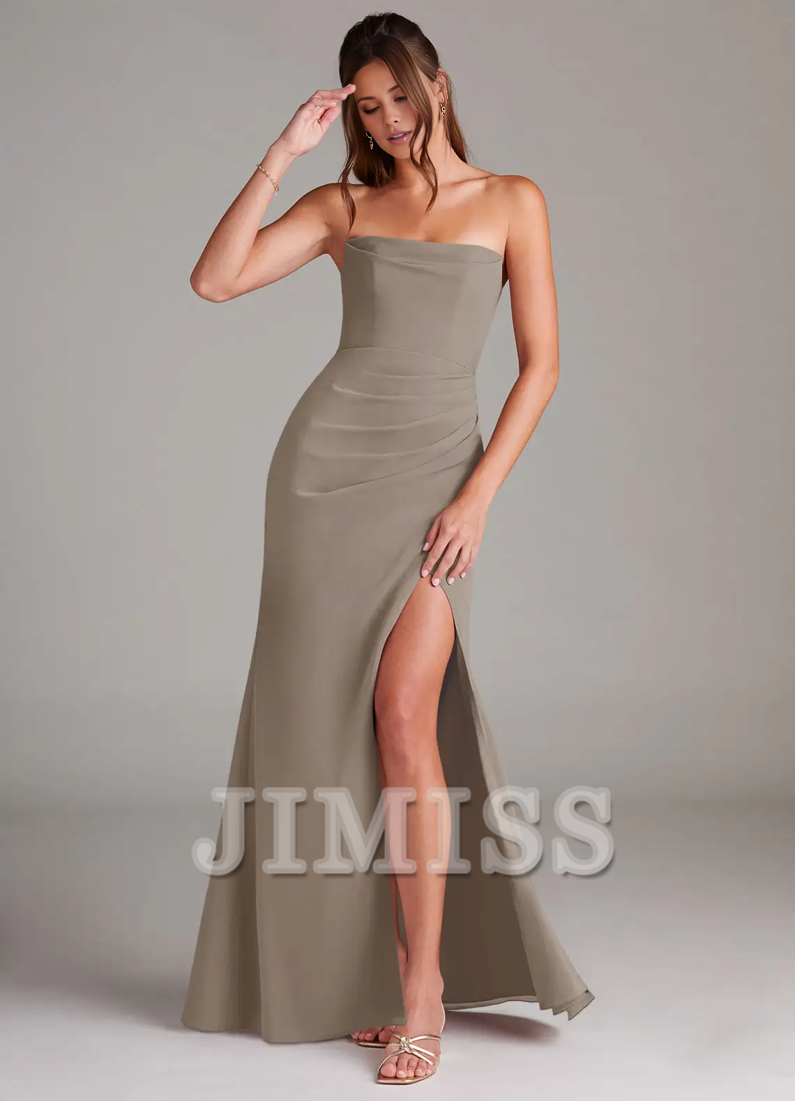 Strapless off shoulder side slit backless and floor length bridesmaid dress - Jimiss Dress