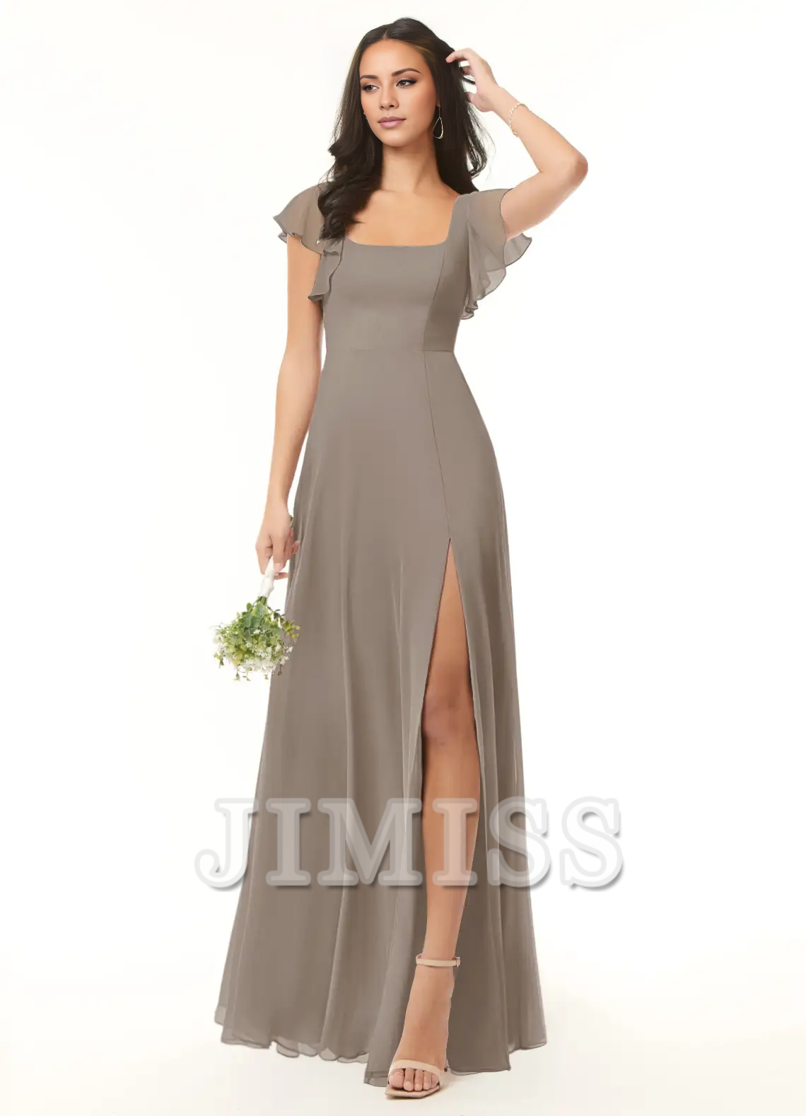 A-line pleated chiffon backless side slit and floor length bridesmaid dress - Jimiss Dress