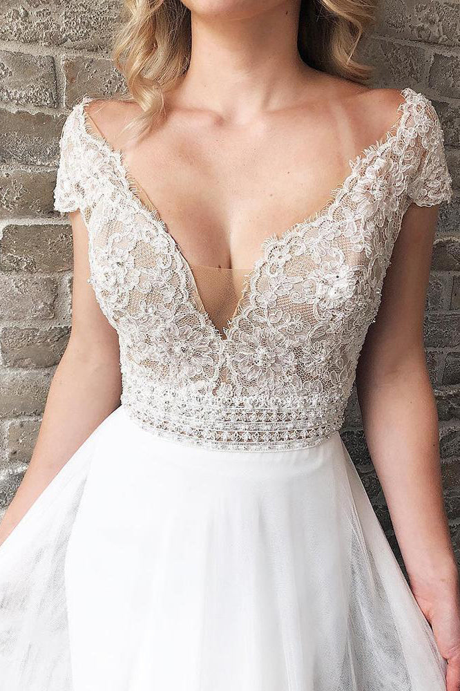 Long Cap Sleeves A-line V-Neck White Wedding Dress with Lace