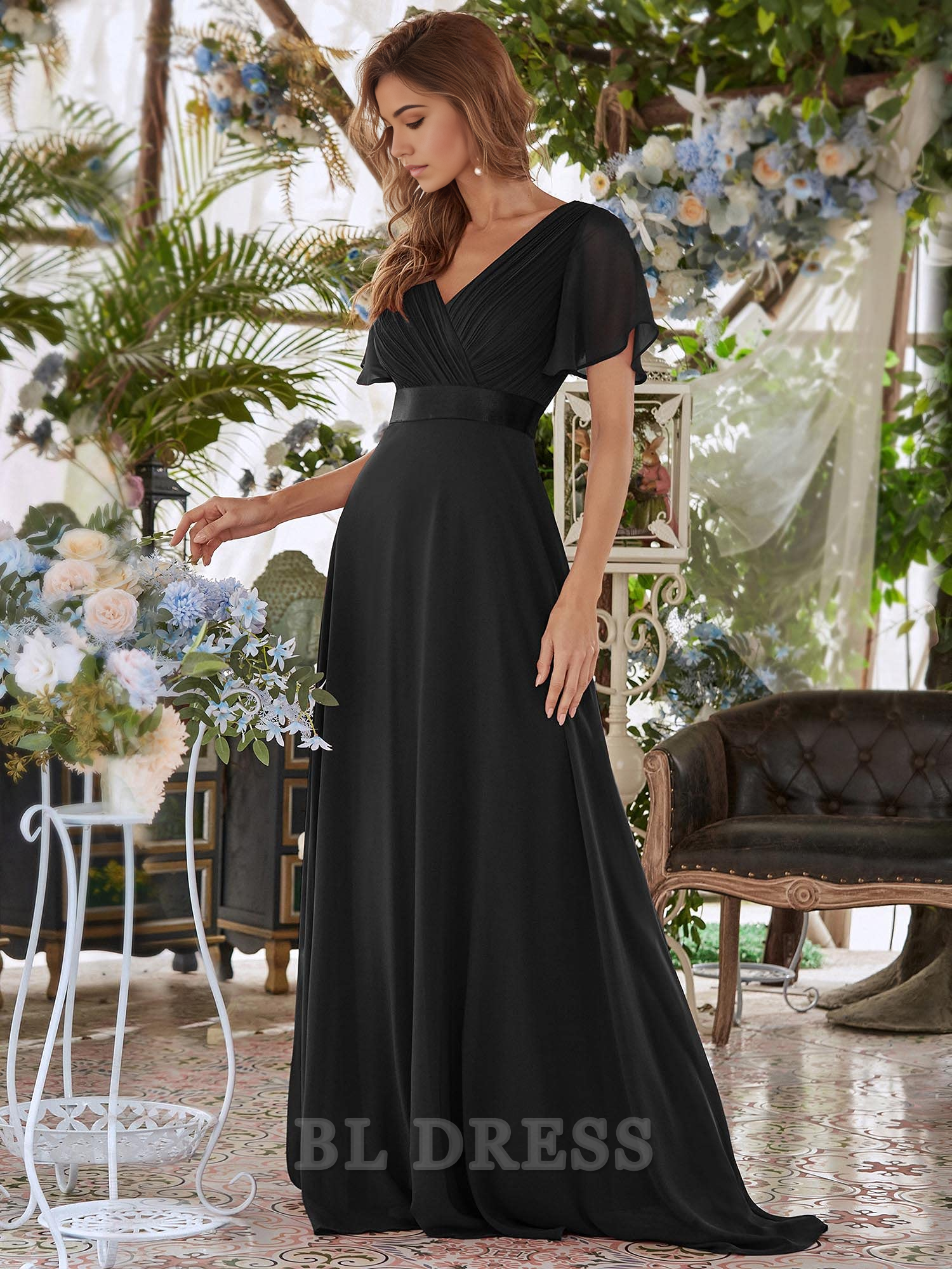 A-line V-Neck Short Sleeve Floor Length formal dresses Bridesmaid Dresses evening gown Prom Dress Mother of The Bride Dress