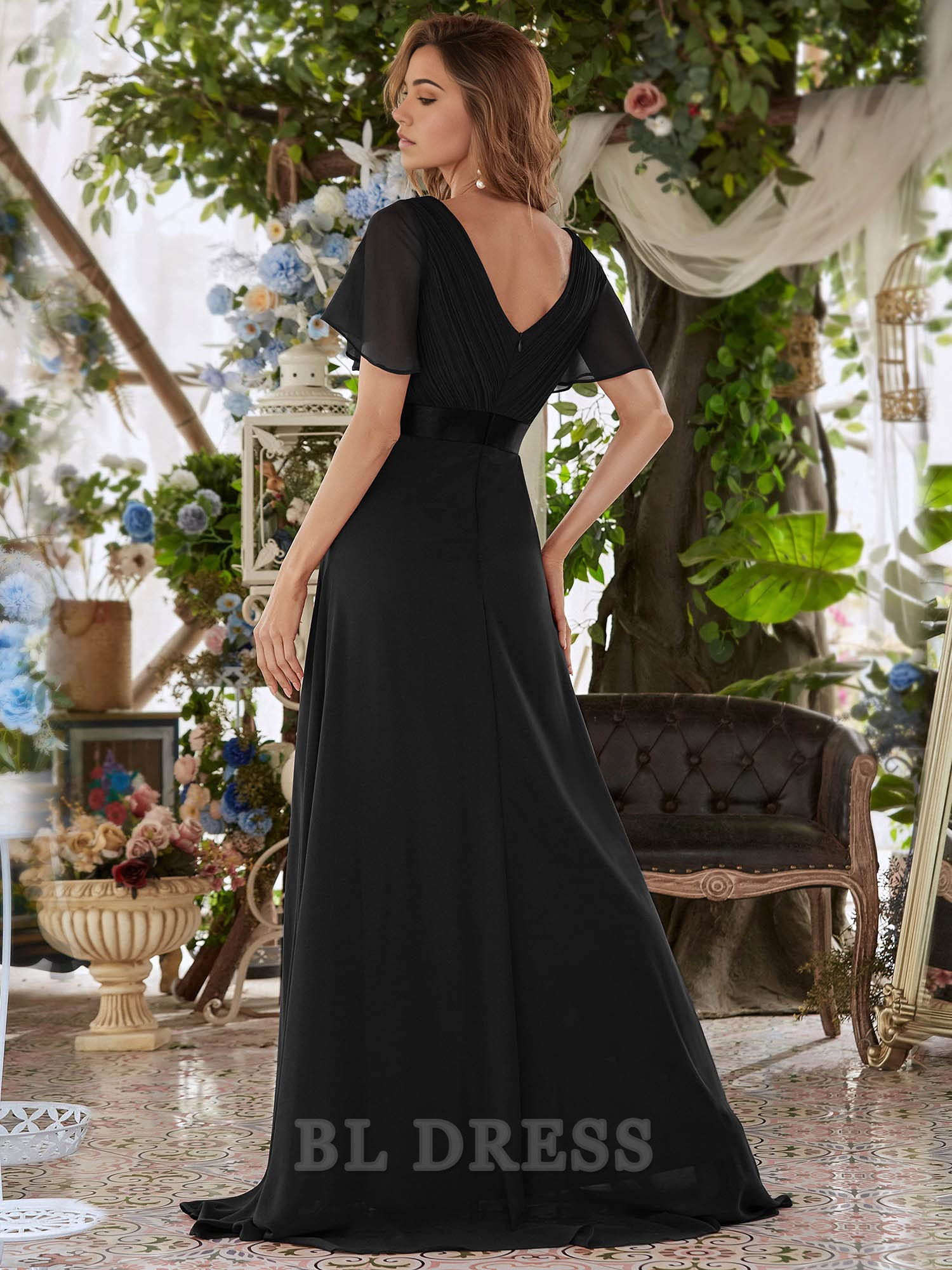 A-line V-Neck Short Sleeve Floor Length formal dresses Bridesmaid Dresses evening gown Prom Dress Mother of The Bride Dress