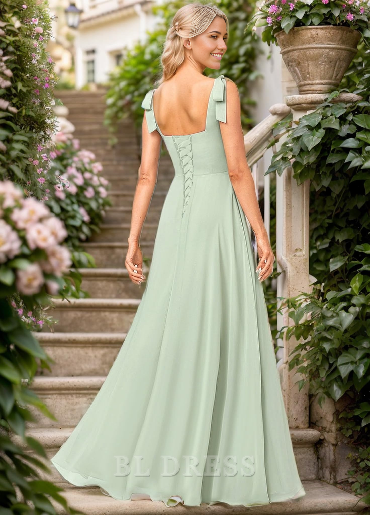 A Line Square Neck Chiffon formal dresses Bridesmaid Dresses evening gown Prom Dress with Slit