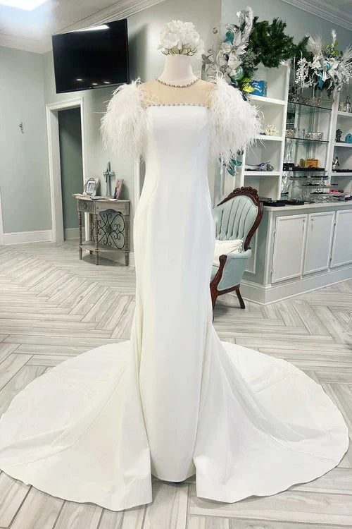 Aimishang Elegant White Feather Illusion Neck Mermaid Long Wedding Dress