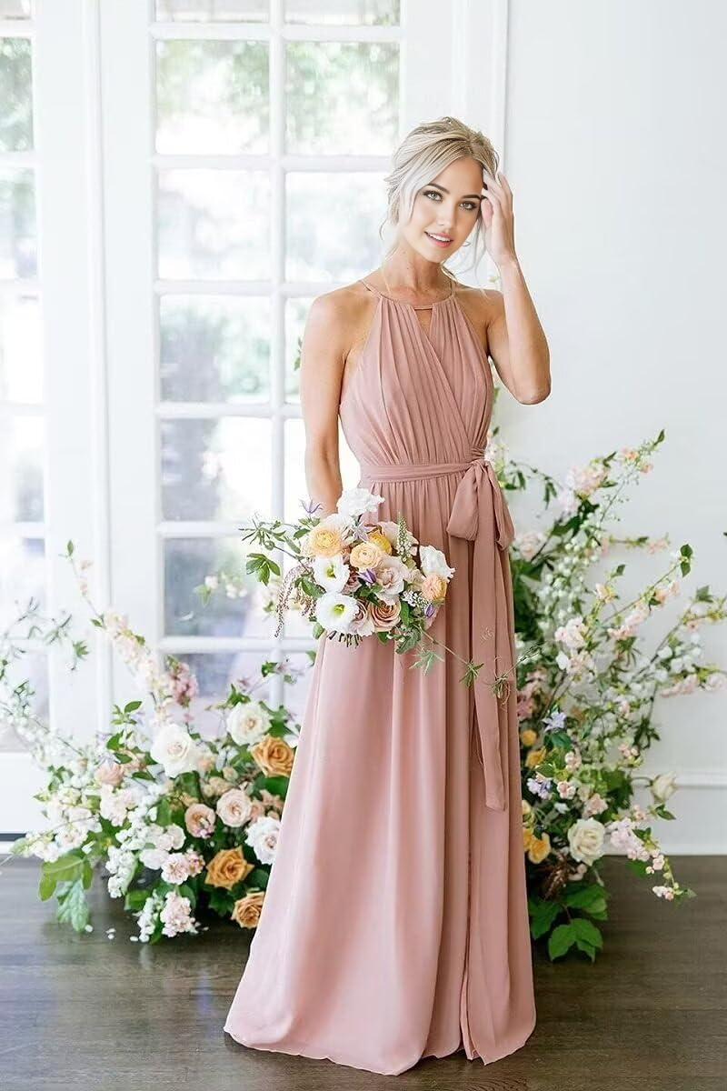 A Line Halter Chiffon Wrap Slit Pleated formal dresses Bridesmaid Dresses evening gown Prom Dress