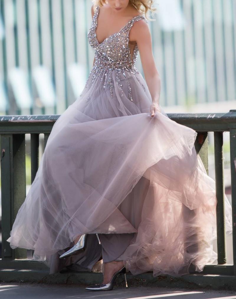 Sequins Beaded V Neck Gray Tulle V Neck Long Evening Gowns