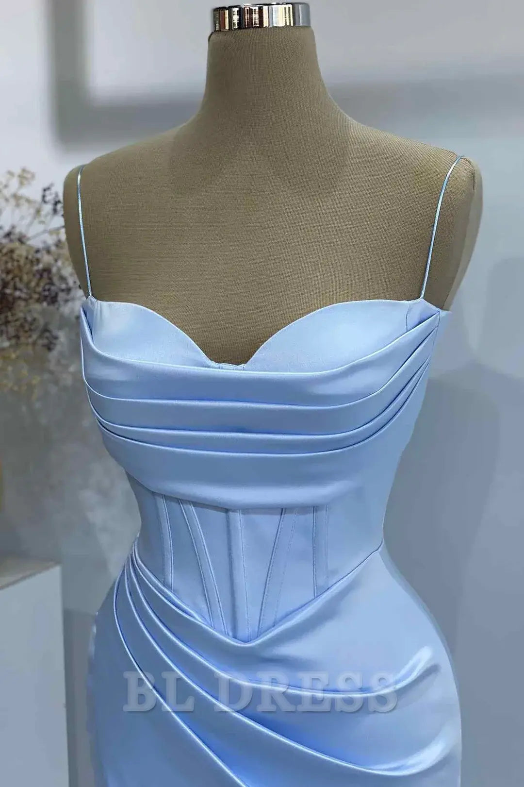 Sheath Spaghetti Straps Satin Pleated Light Blue Long formal dresses Bridesmaid Dresses evening gown Prom Dress with Slit