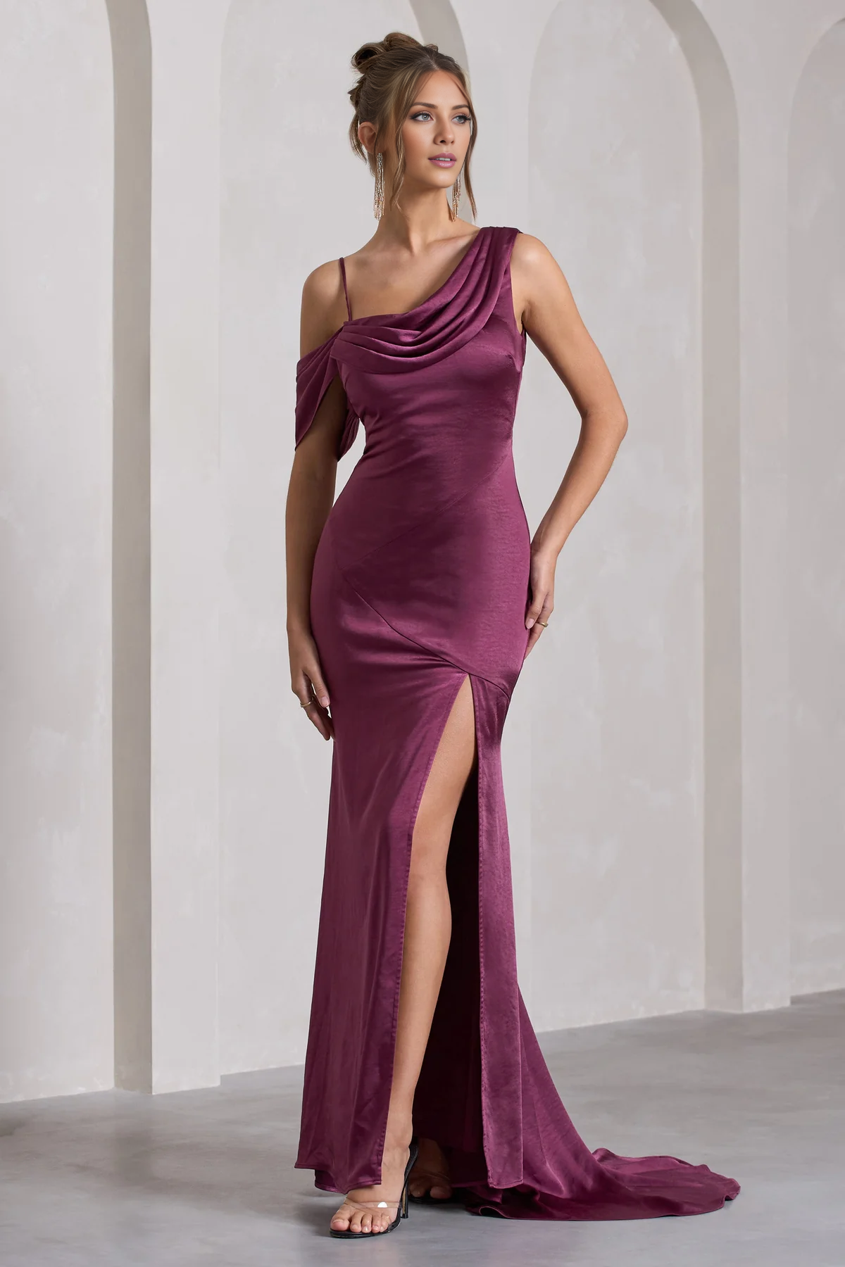 Asymmetric hanging side slit and floor length evening dress - Jimiss Dress