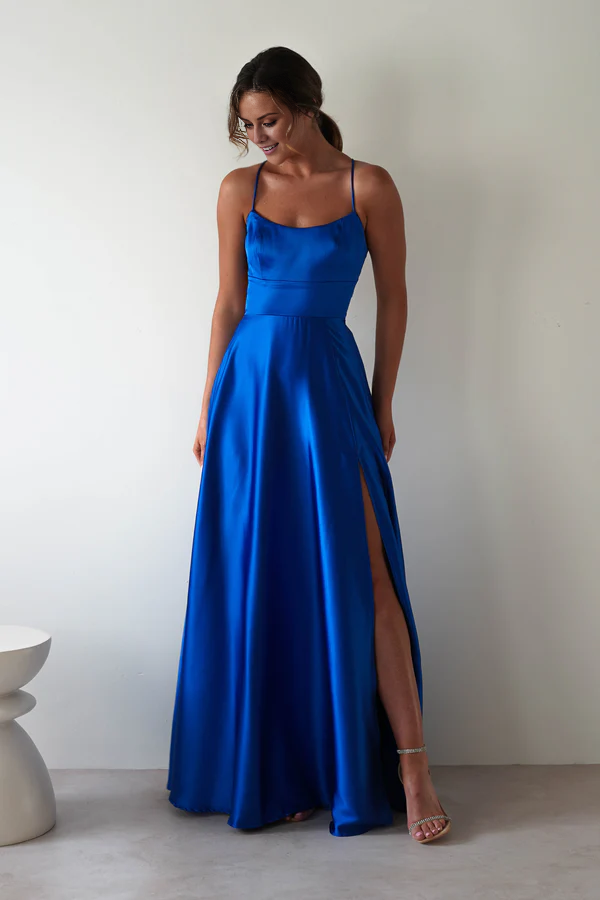 Thin shoulder strap square collar exposed back side slit and floor length Prom Dress - Jimiss Dress