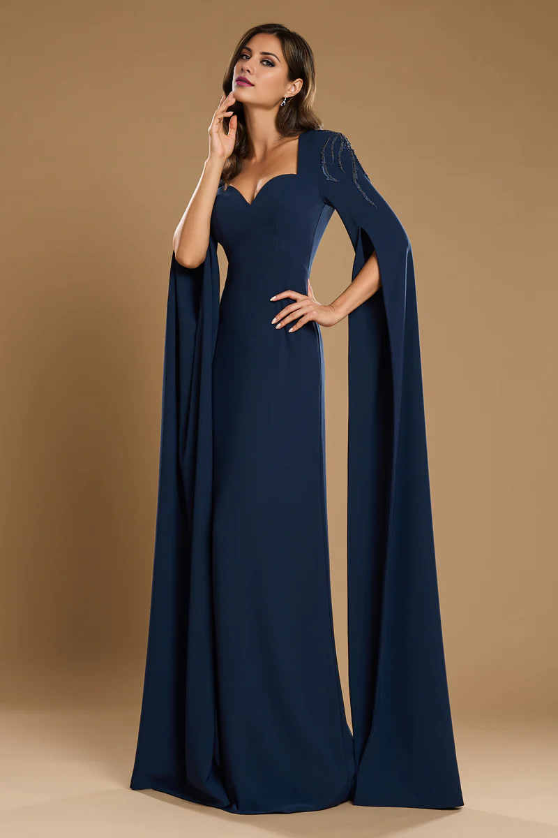 Sweetheart neck embroidered long sleeved tight corset and floor length evening gown