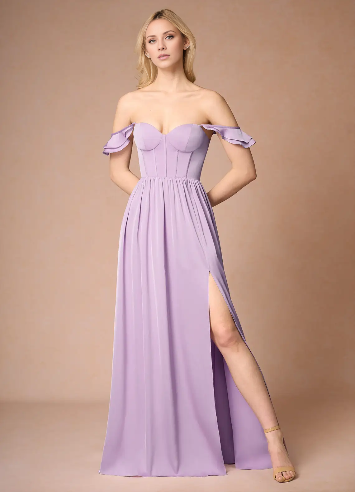 Jimiss A-line off shoulder side slit backless and floor length Prom dress