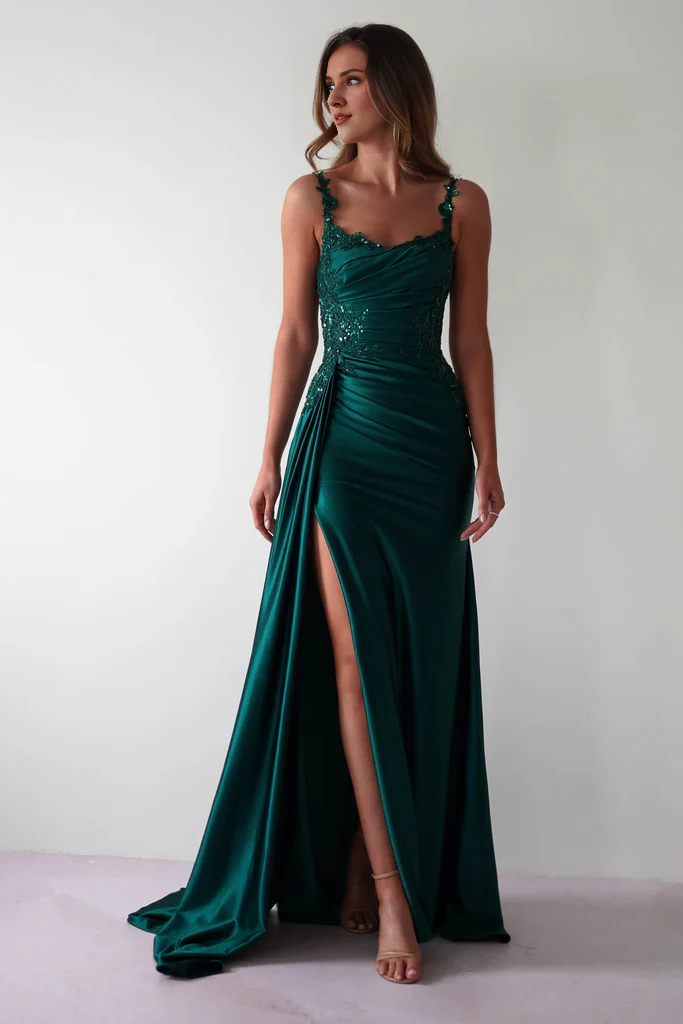 Thin shoulder strap waistband fits snugly satin evening gowns