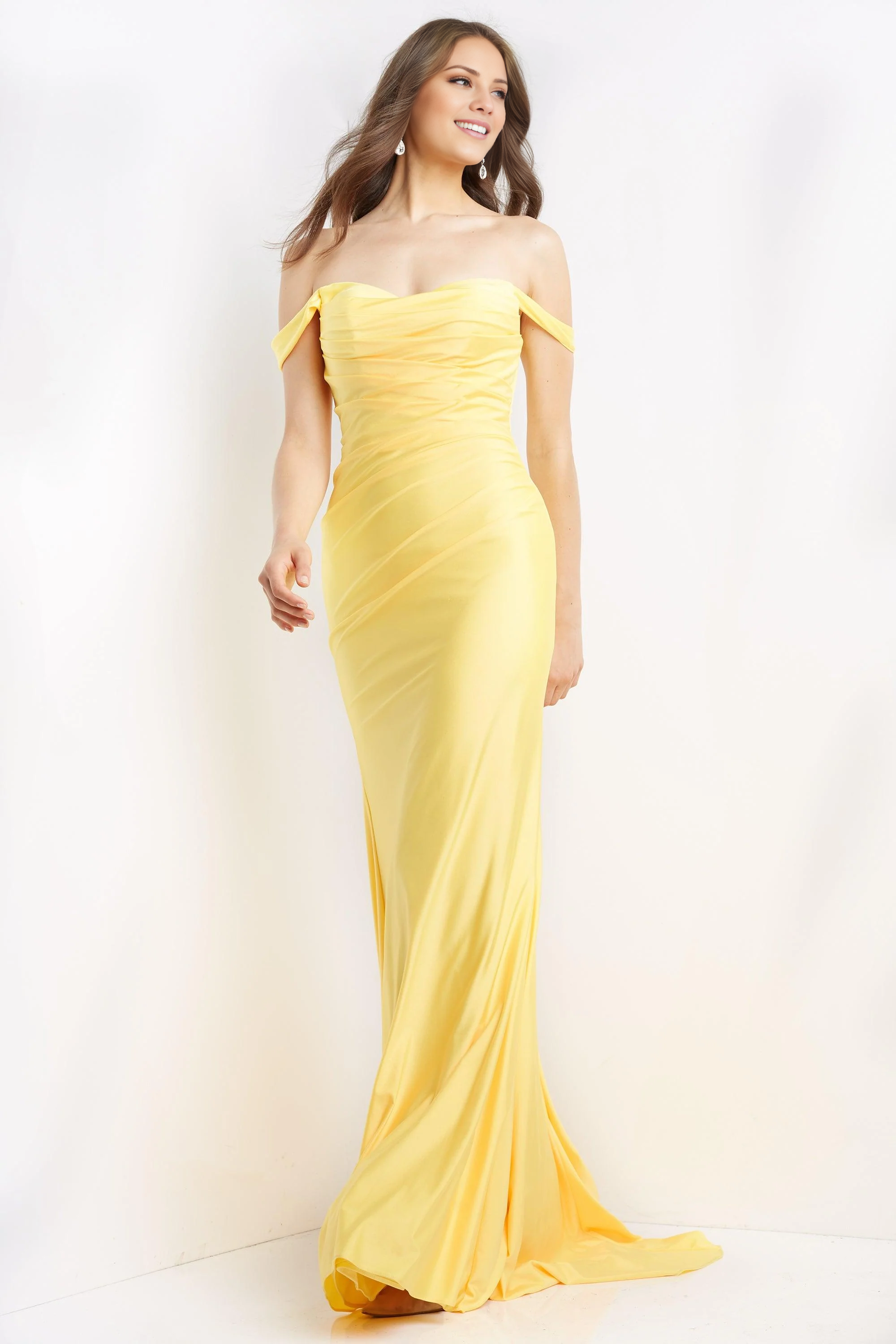 Jimiss off shoulder chicken heart neckline sleeveless and floor length Prom dress
