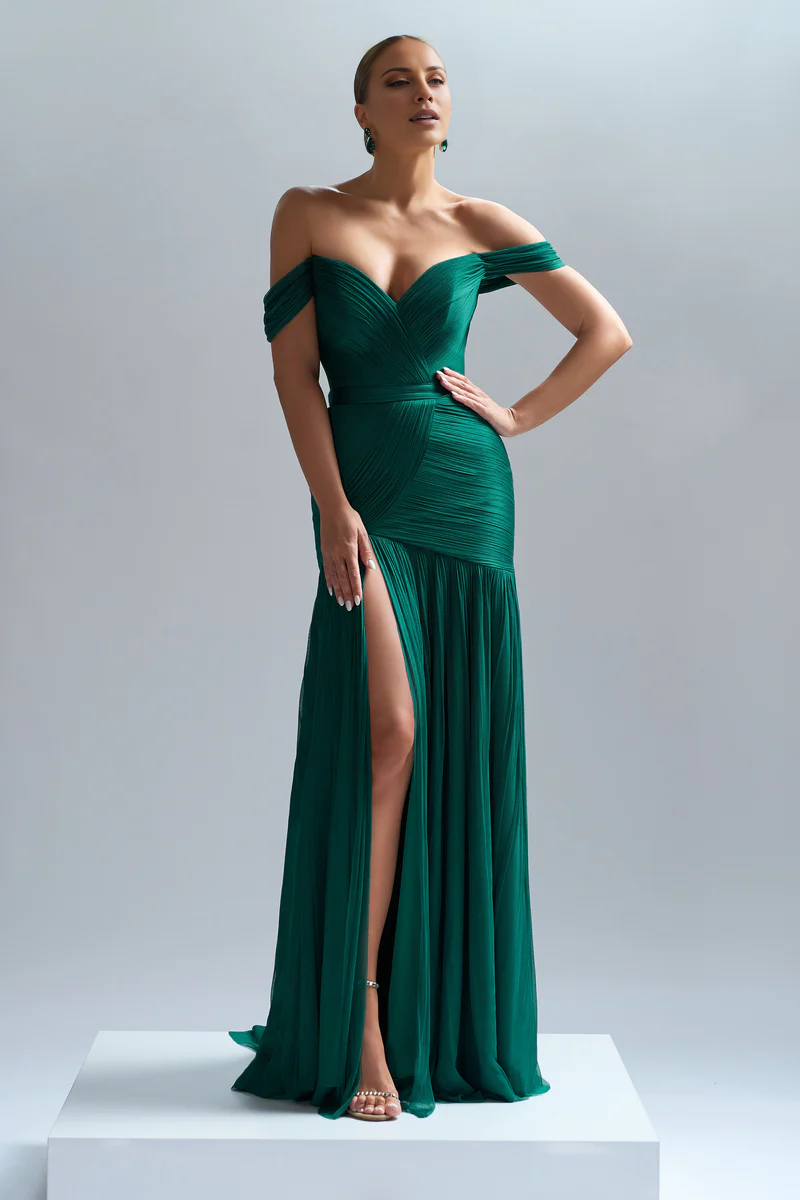 Satin tight corset with satin lining and floor length evening gown