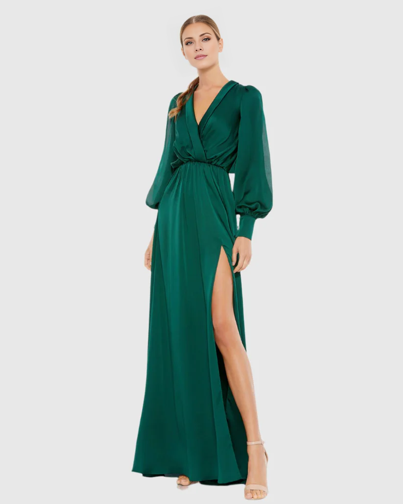 V-neck satin side slit floor-length evening dress