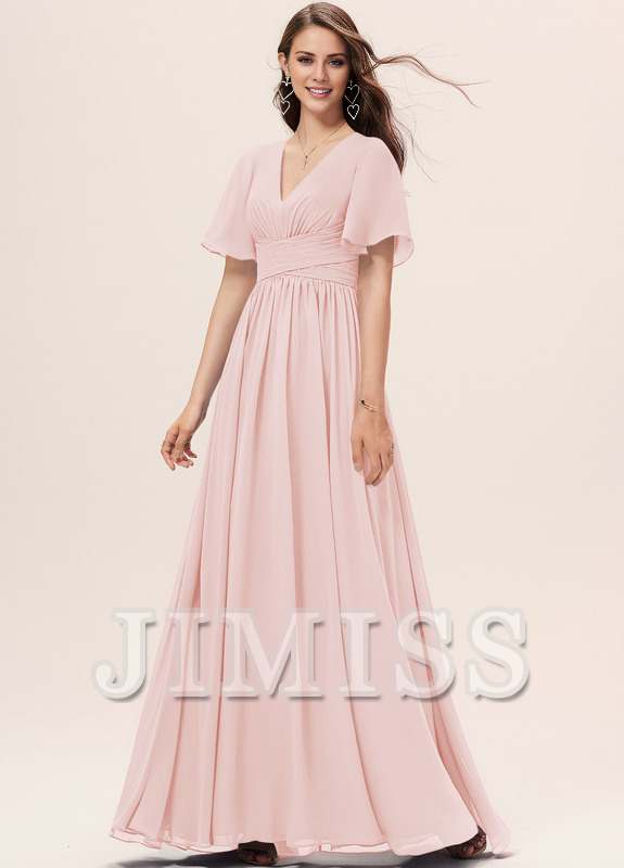 Ruffled A-line V-neck Floor-length Chiffon Bridesmaids Dress