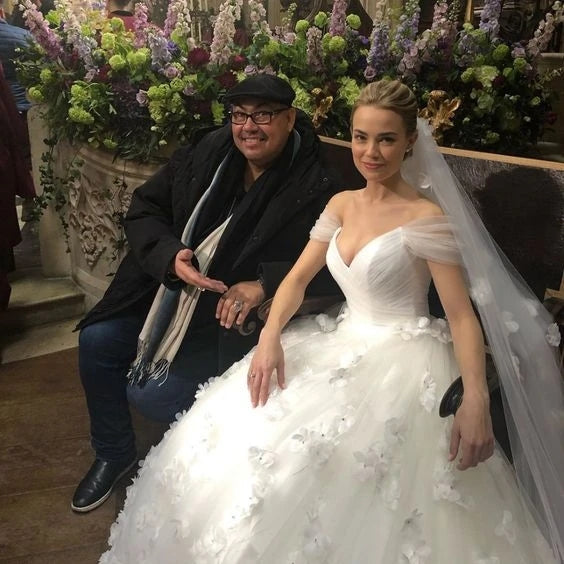 3D Flowers A Line Tulle Off The Shoulder Wedding Dress