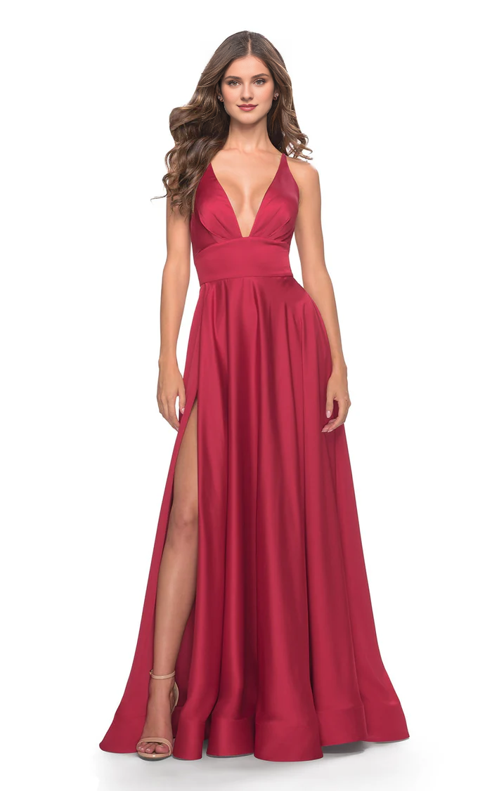A-line with deep V-neckline backless satin thin shoulder side slit and floor length evening dress