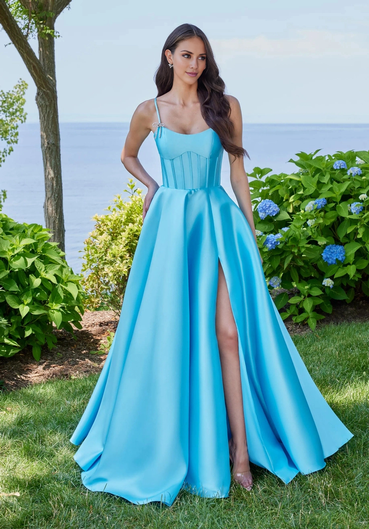 A-line spoon collar front slit and floor length evening gown