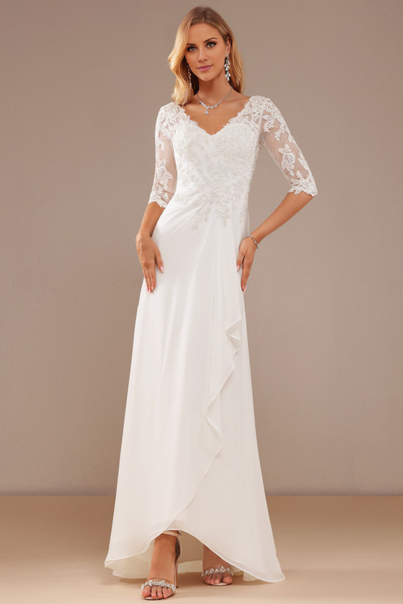 Lotus leaf edge A-line V-neck asymmetrical half sleeved lace chiffon wedding dress