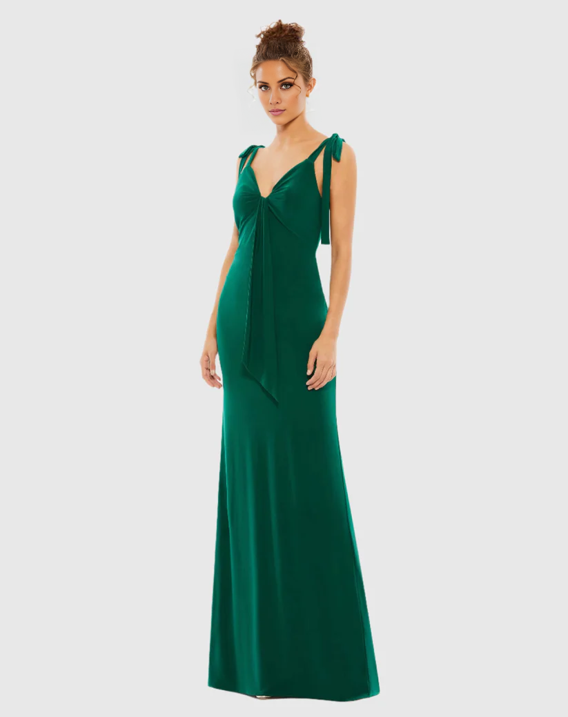 V-neck sleeveless bow-tie strap backless floor-length evening dress