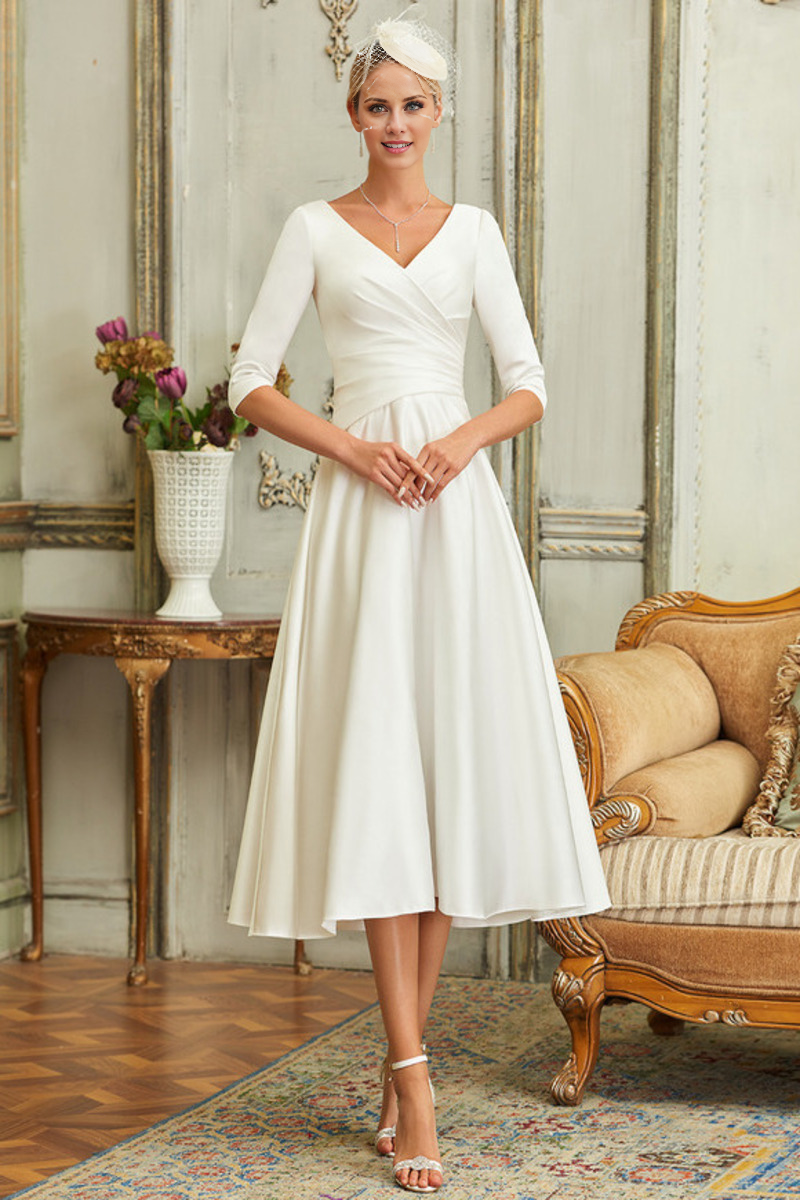 A-line V-neck tea 3/4 sleeve satin wedding dress