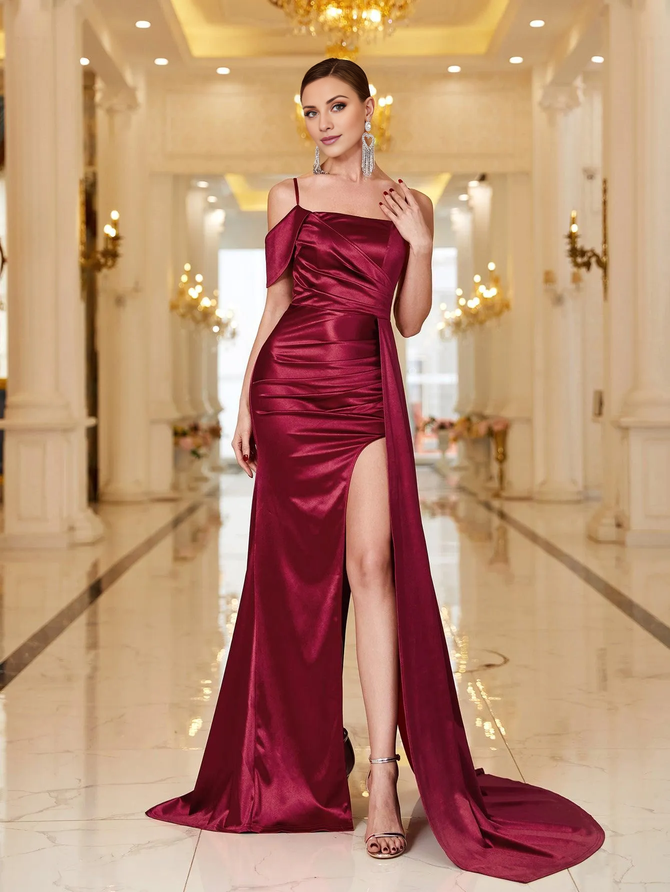 Satin backless slit thigh slim shoulder straps and floor length formal dresses