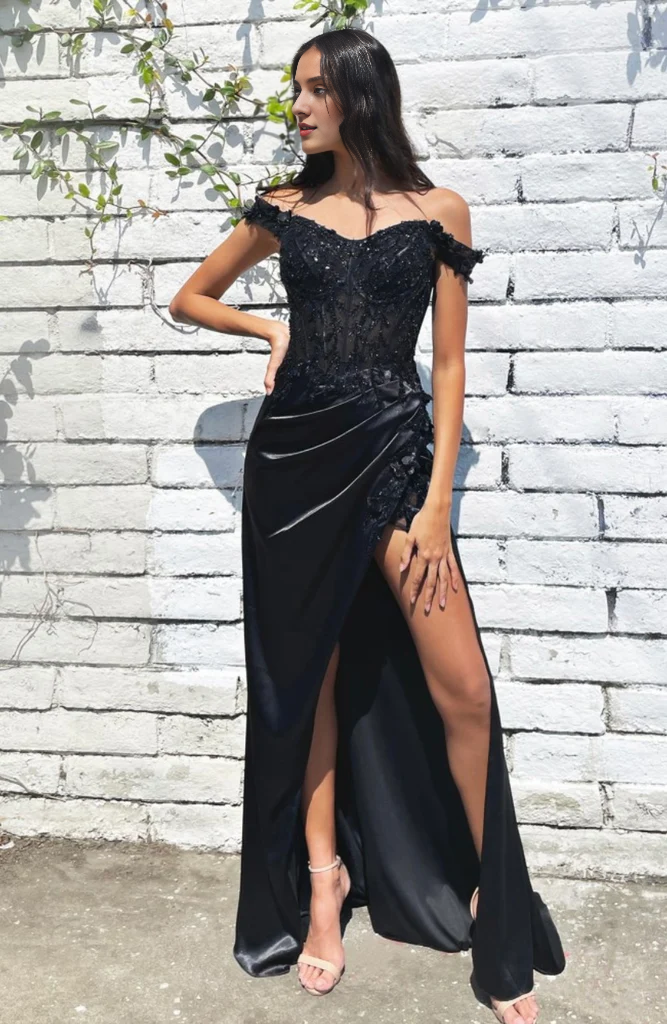 Black floral off shoulder and ground length gown evening dresses