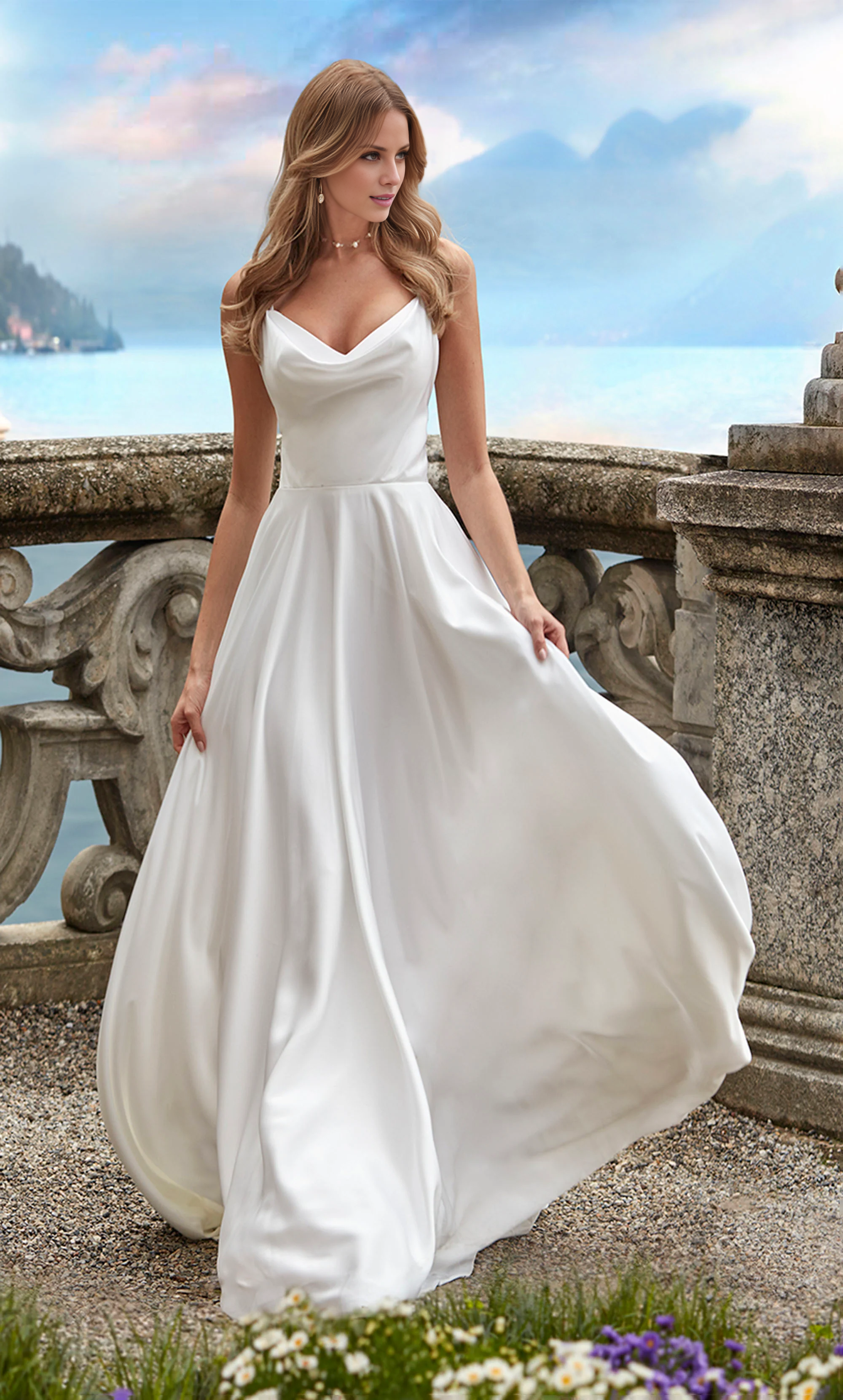 Perfect satin high neck A-line backless adjustable shoulder strap wedding dress