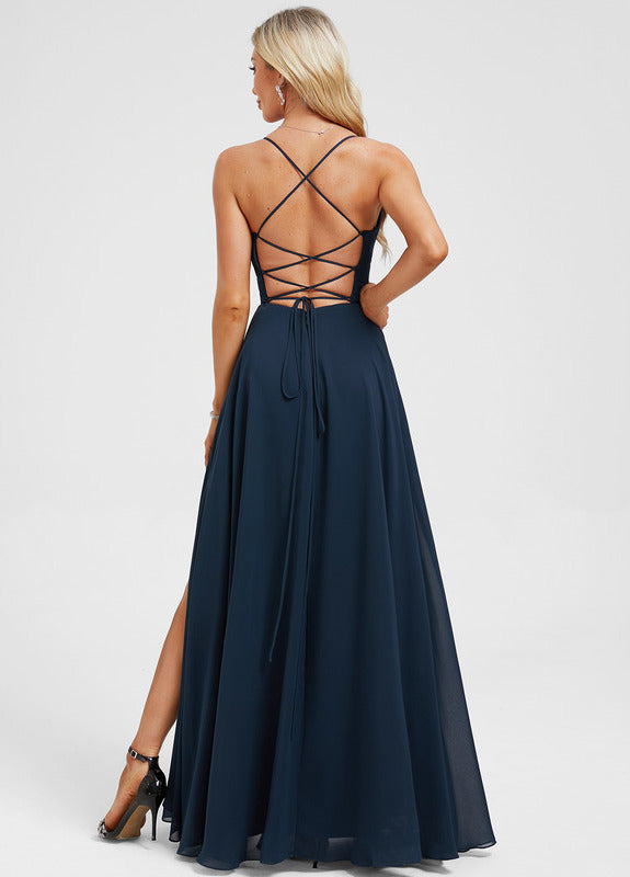 A-line V-neck pleated floor-length chiffon prom dress