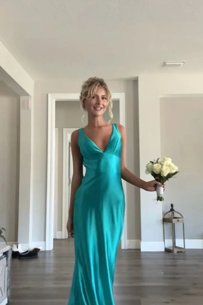 Simple Mermaid V Neck Green Satin Long Prom Dresses