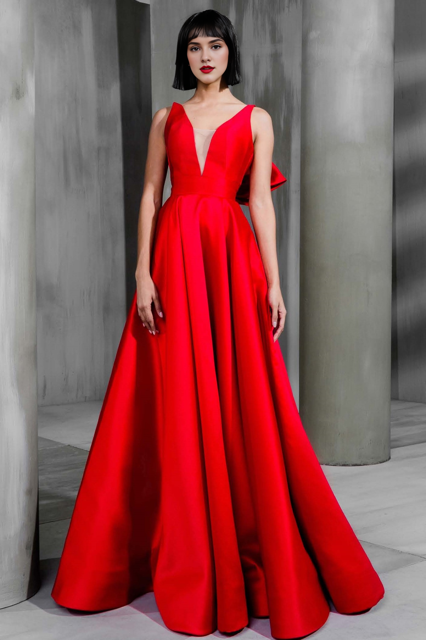Red green black tie A-line evening gown elegant formal and floor length sleeveless V-neck ribbon bow 2025 gowns evening dresses